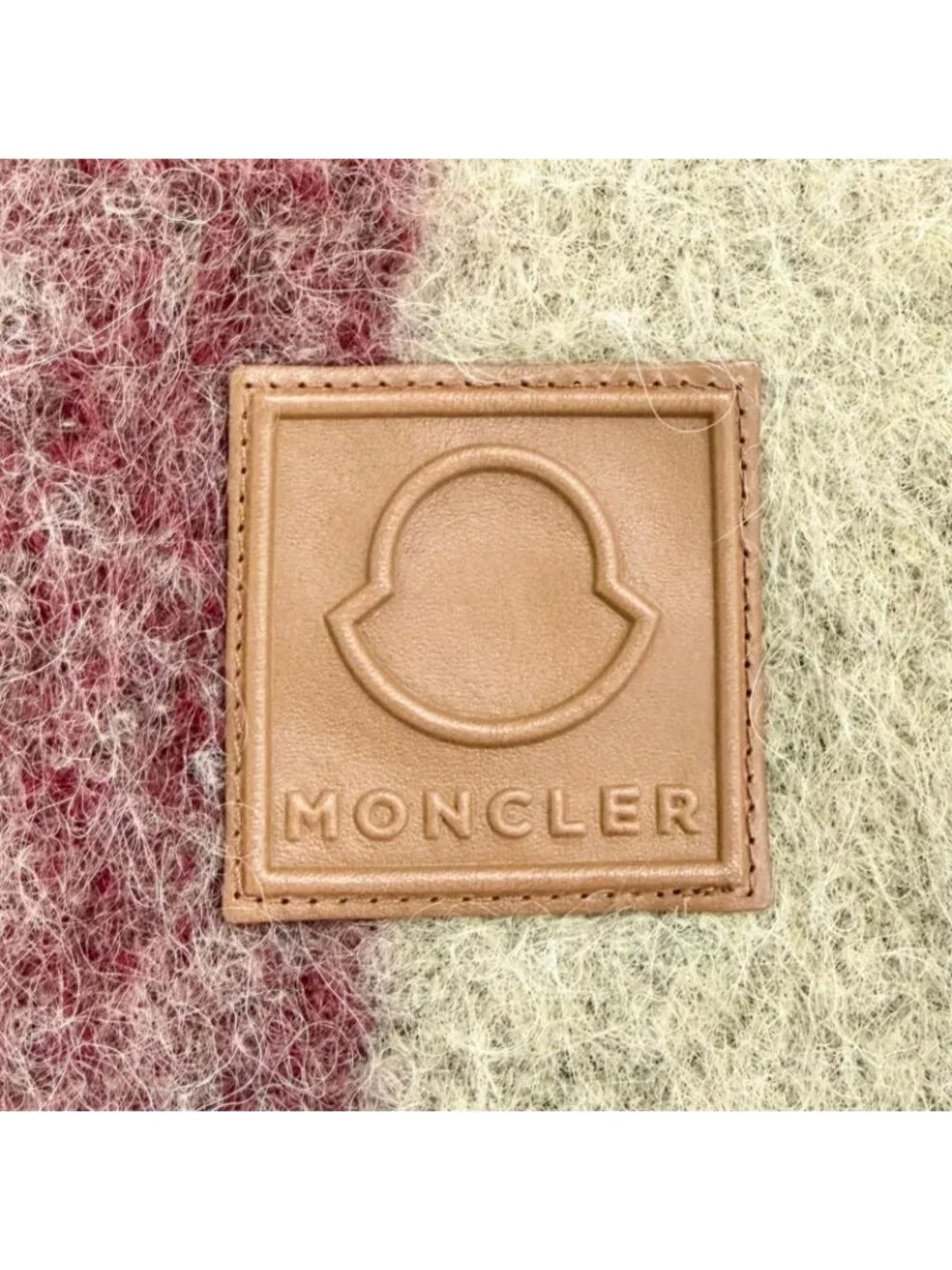 Moncler Sciarpa Mohair Alpaca Logo Leather Patch Plaid Fringe Large Scarf Beige